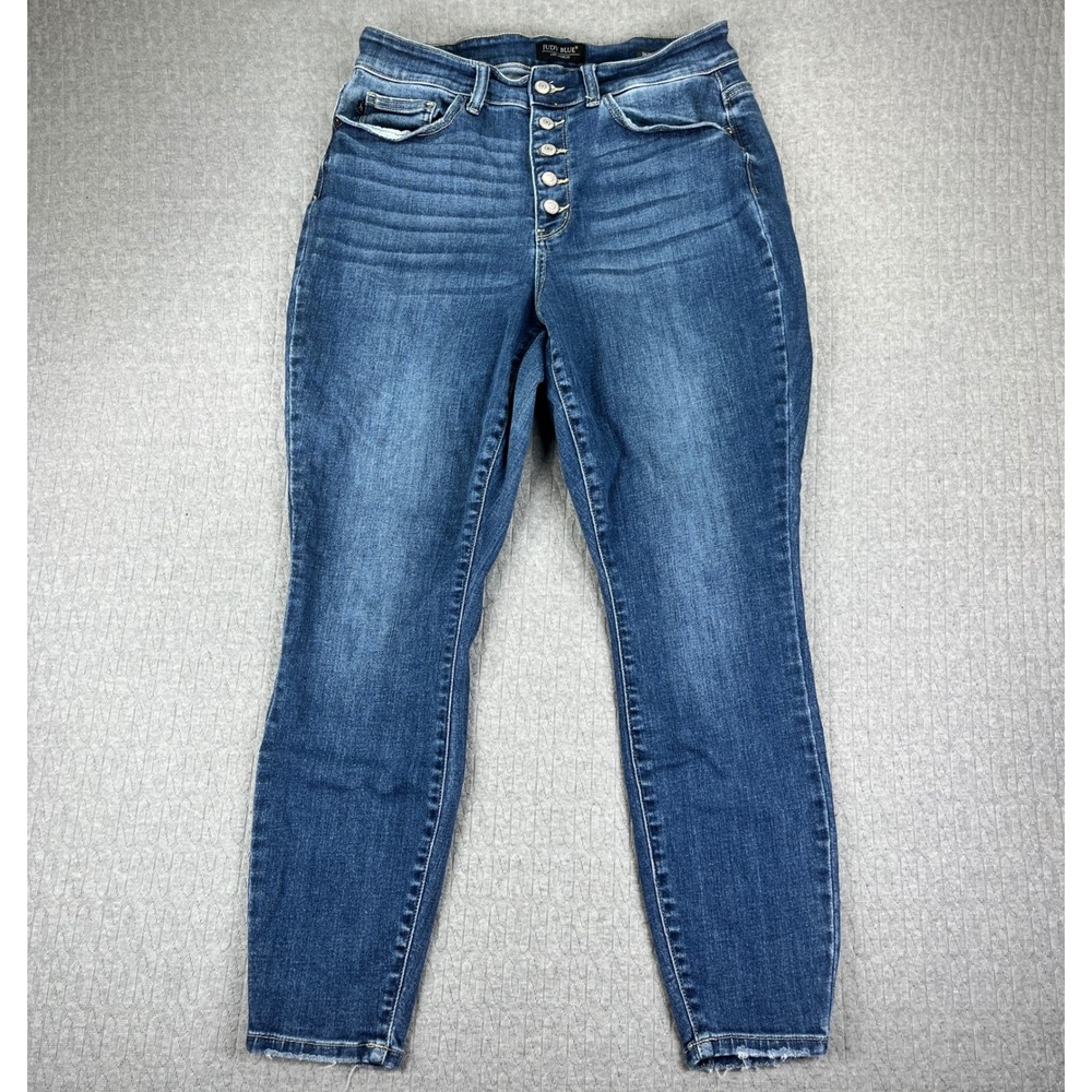 Judy Blue Skinny Fit Jeans Womens 14W 32x28 Blue Button Fly High Rise Raw Hem